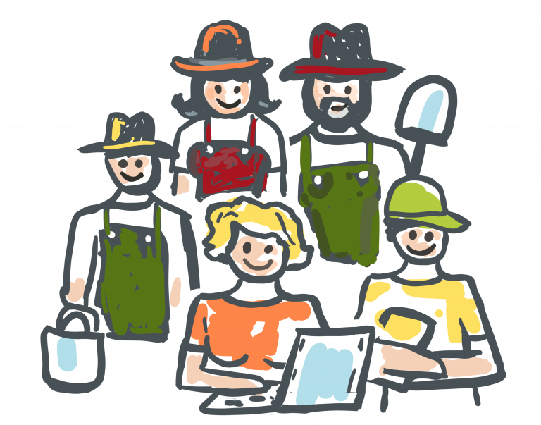 Illustration von Menschen aus Landwirtschaft, Lebensmittelhandwerk und Handel.